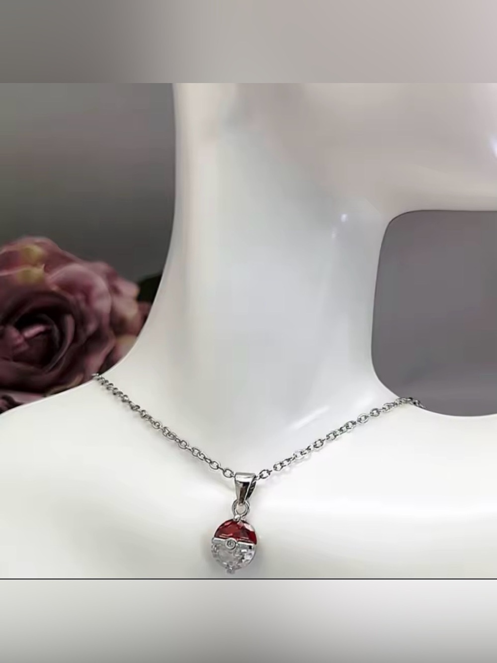 18K White Gold (Rhodium) Unisex Pokemon Pokeball Statement Gemstone Necklace - Picture 3 of 6